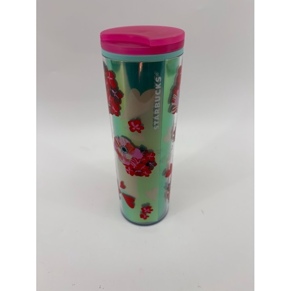 Starbucks 16oz Tumbler Pink And Red Flowers And Hearts On Green NEW